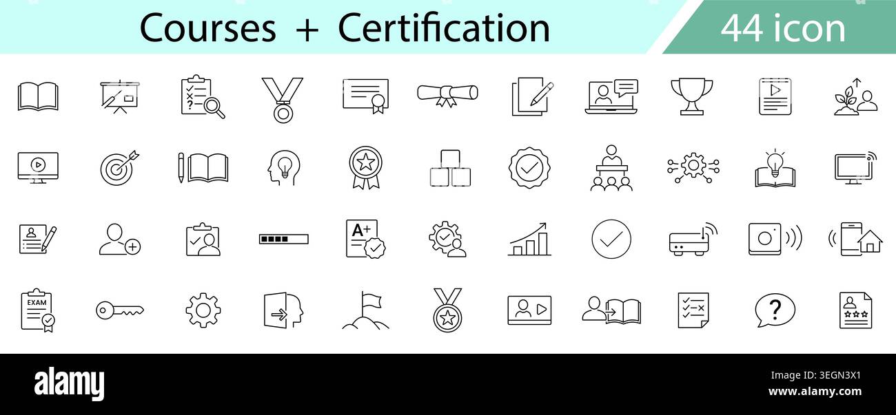 Jeu d'icônes de cours et de certification, formation en ligne apprentissage et ligne de réussite académique icônes vectorielles pour E Learning et compétences professionnelles Illustration de Vecteur