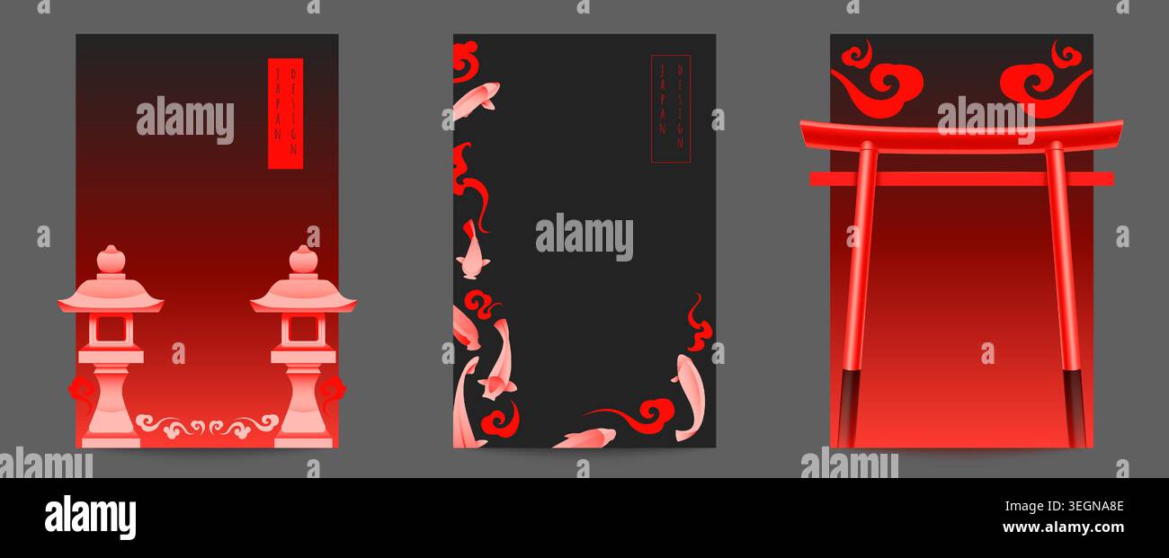 Cartes japonaises avec porte torii, poisson koi et motif de nuage traditionnel, ensemble de fond vectoriel oriental. Éléments culturels authentiques, affiches avec arc de pagode rouge et design minimaliste Illustration de Vecteur