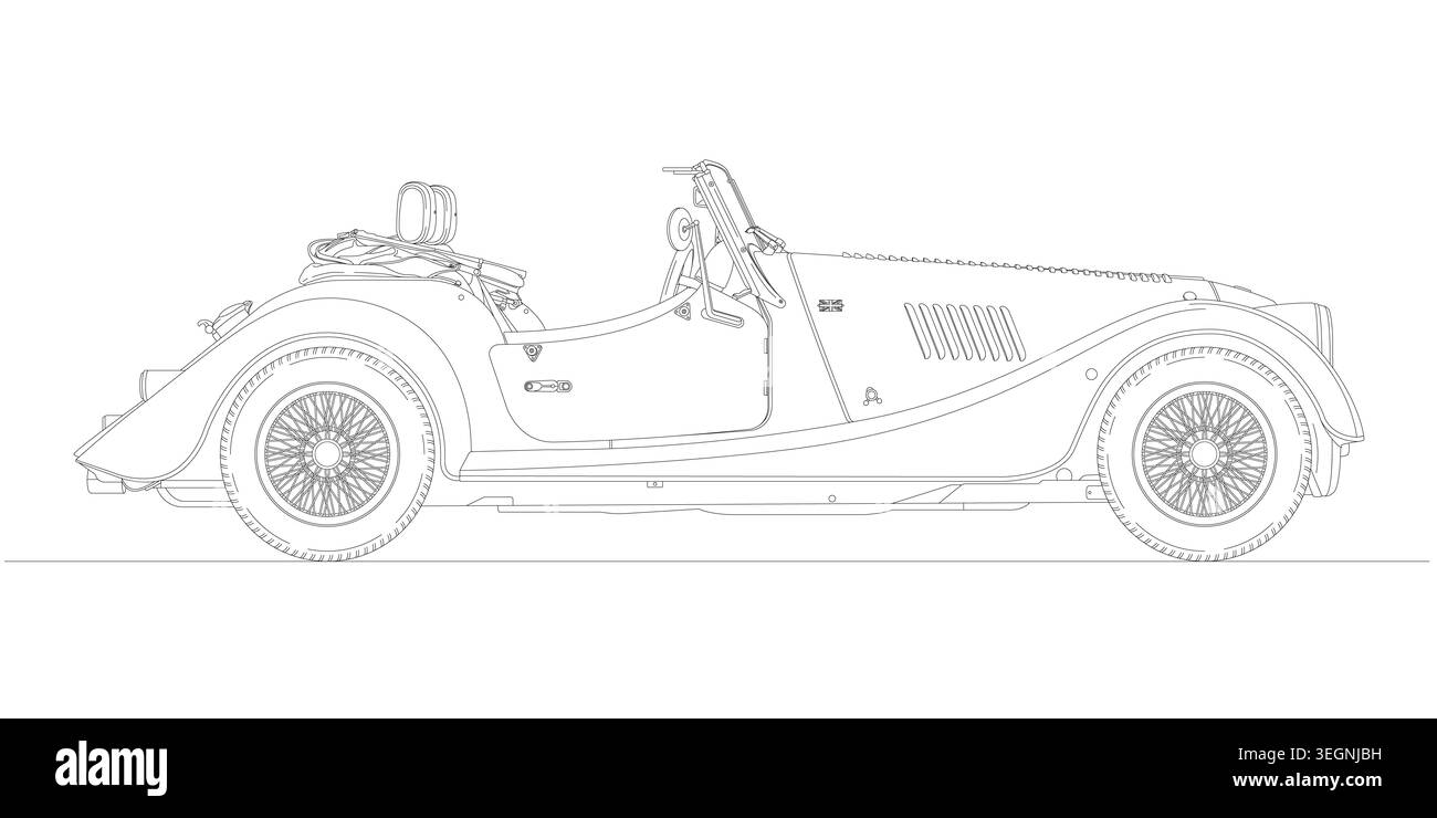 Royaume-Uni, année 2020, Morgan modèle plus quatre, voiture classique et vintage, illustration vectorielle d'art de ligne de profil de silhouette Banque D'Images