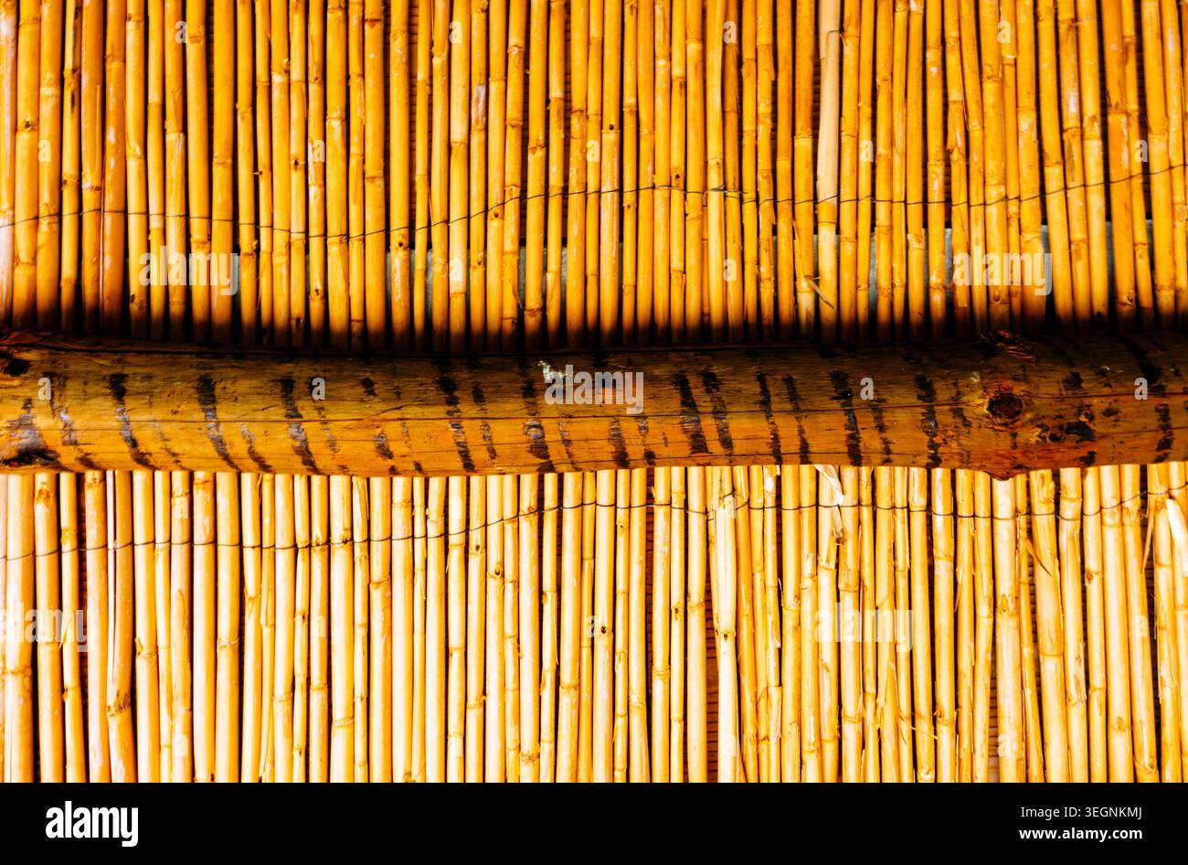 Toits Tinao, détails des matériaux. Poutres en bois et roseau remplissent le plafond. Le tinao est une solution architecturale, typique de l'archite mauresque Banque D'Images