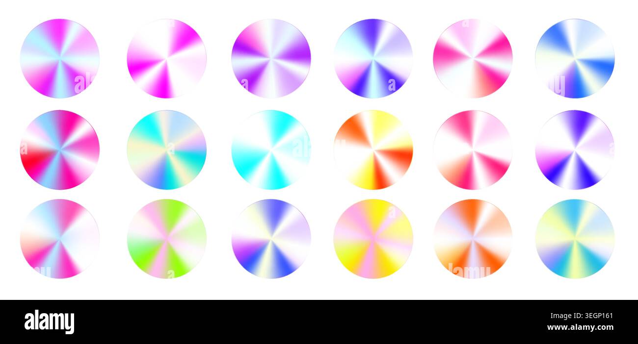 Ensemble d'autocollants holographiques ronds avec effets de dégradé Y2K iridescent isolé sur blanc. Illustration réaliste vectorielle d'étiquettes en aluminium avec des textures chromées arc-en-ciel, des conceptions de badge au néon, des emblèmes de qualité Illustration de Vecteur