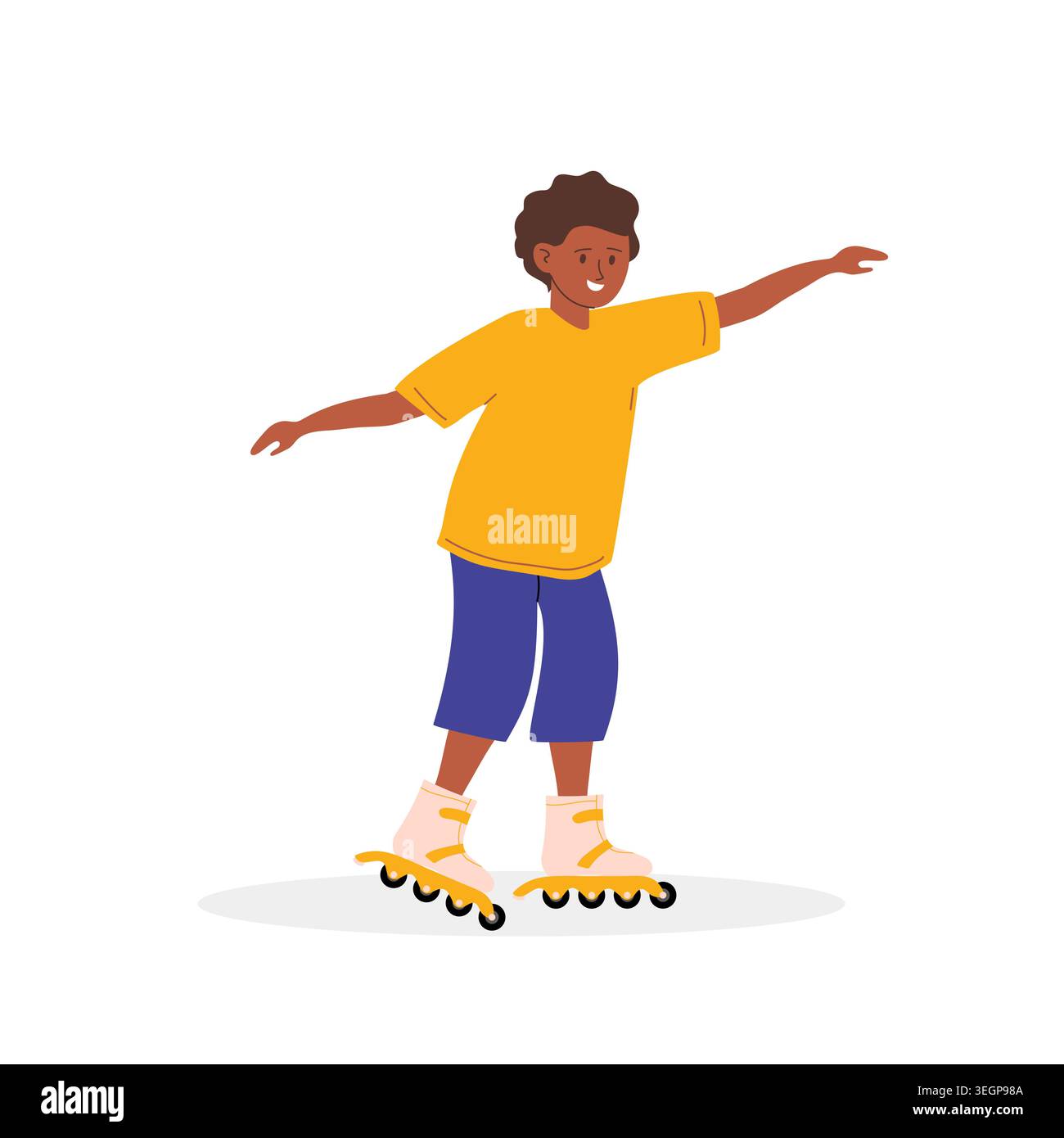 Happy Boy a appris à patiner à roulettes. Patin à roulettes pour enfants avec bras grands ouverts. Réussite de l'enfance, apprentissage de nouvelles compétences, joyeux. Illustration de Vecteur