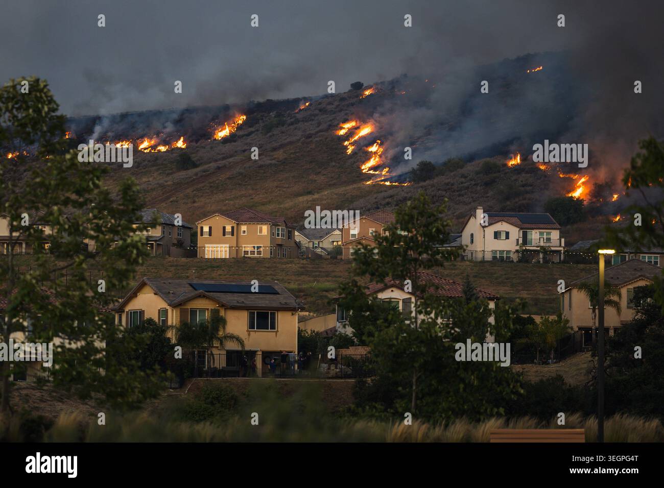Simi Valley, Californie, États-Unis. 19 mai 2026. Un incendie brûle sur la colline derrière le quartier Woodland dans la vallée de Simi pendant la deuxième journée de l'incendie de Sandy mardi. (Crédit image : © Ethan Cohen/ZUMA Press Wire) USAGE ÉDITORIAL SEULEMENT ! Non destiné à UN USAGE commercial ! Banque D'Images
