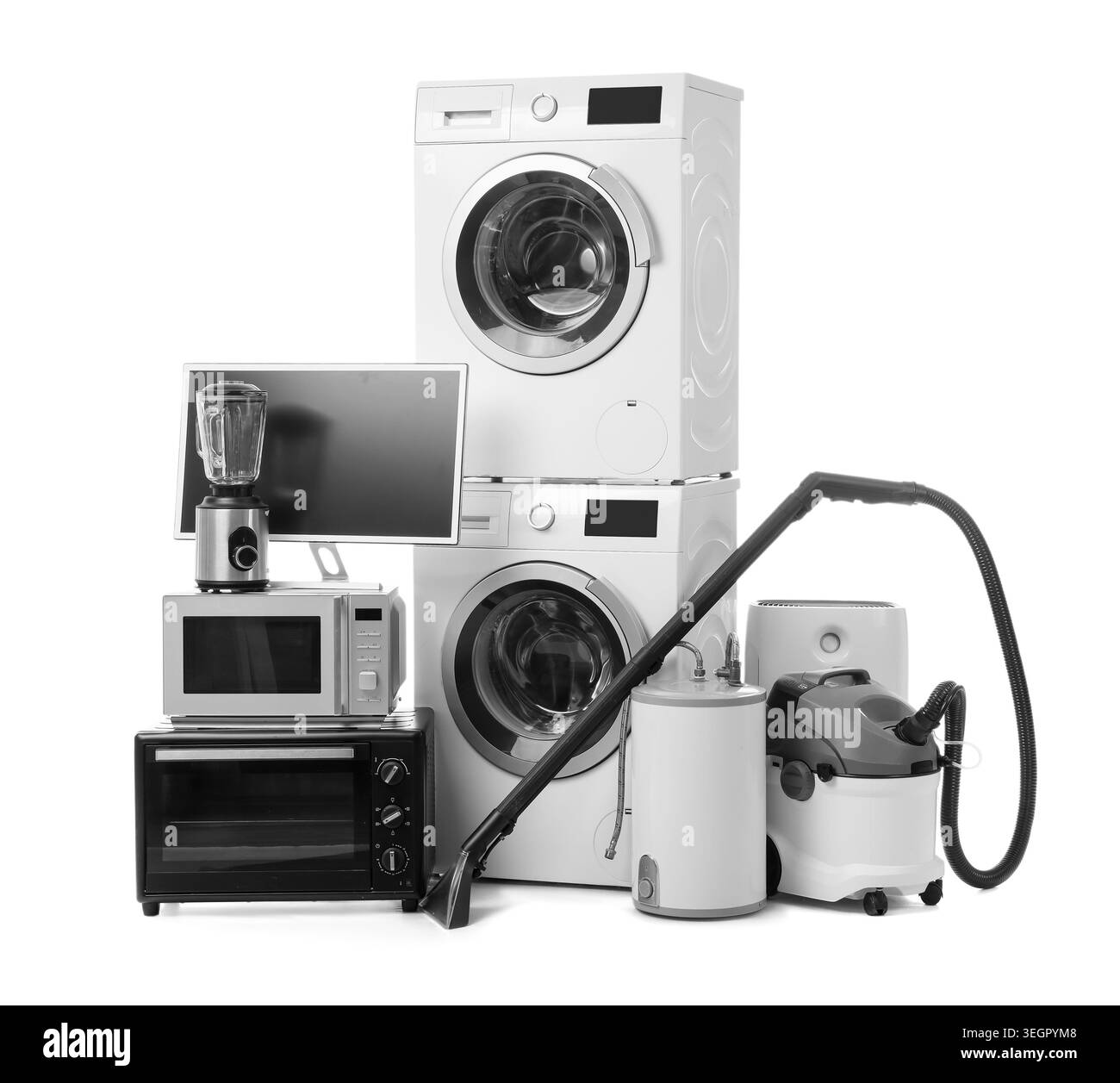 Différents appareils ménagers isolés sur fond blanc Banque D'Images