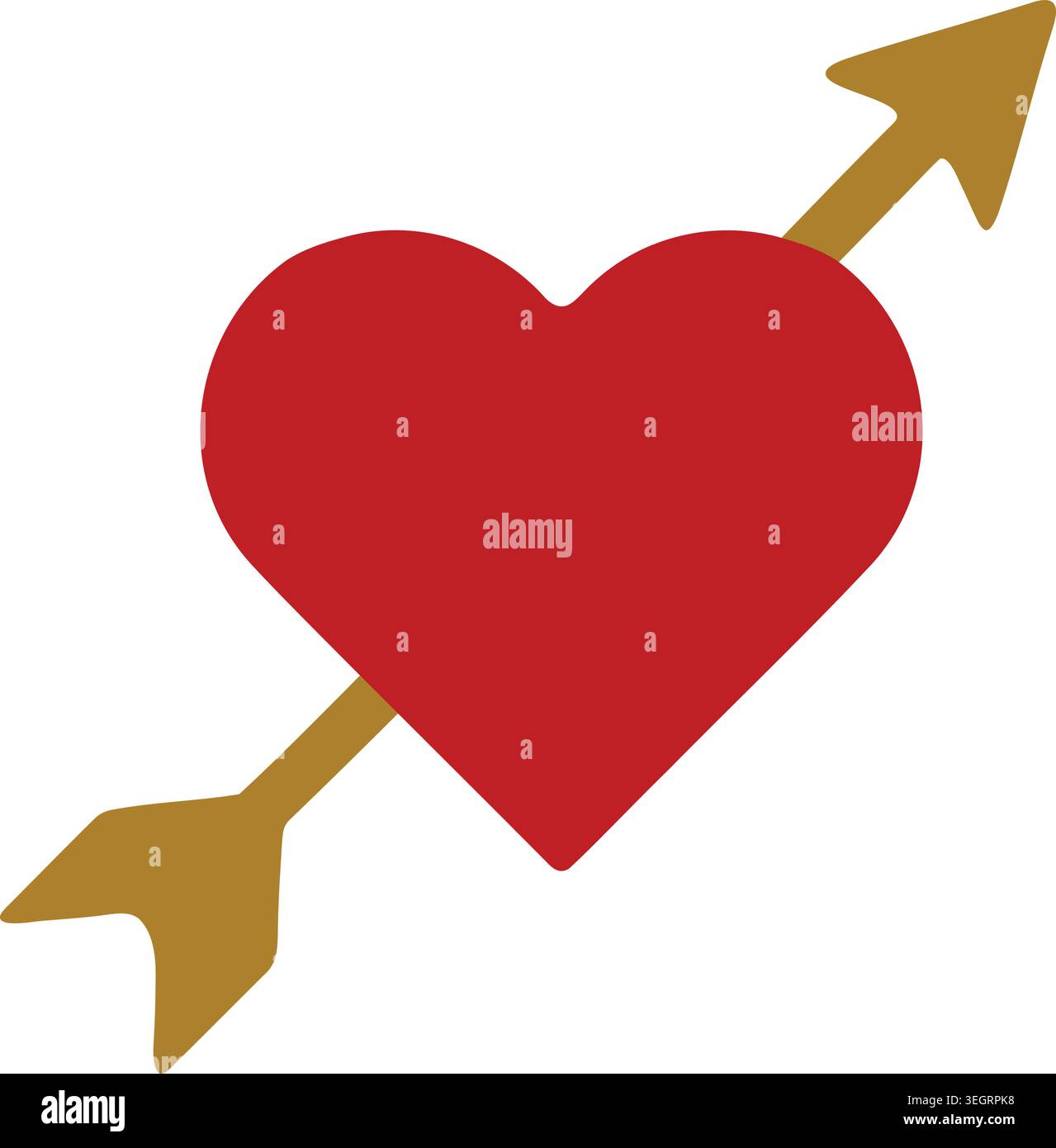 Illustration simple d'une forme de coeur rouge percée en diagonale par une flèche dorée Illustration de Vecteur