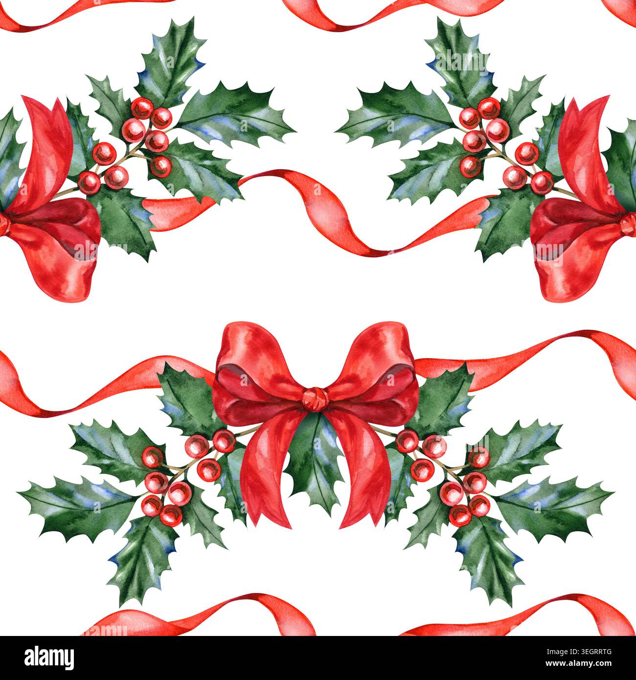 Motif aquarelle sans couture avec des branches de houx de noël, des baies rouges et des rubans de soie ondulés avec des noeuds élégants. Illustration festive de l'hiver pour Banque D'Images