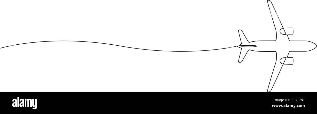 Illustration minimaliste d'art en ligne continue d'un avion commercial en vol, laissant une traînée unique et élégante sur un fond blanc propre Illustration de Vecteur