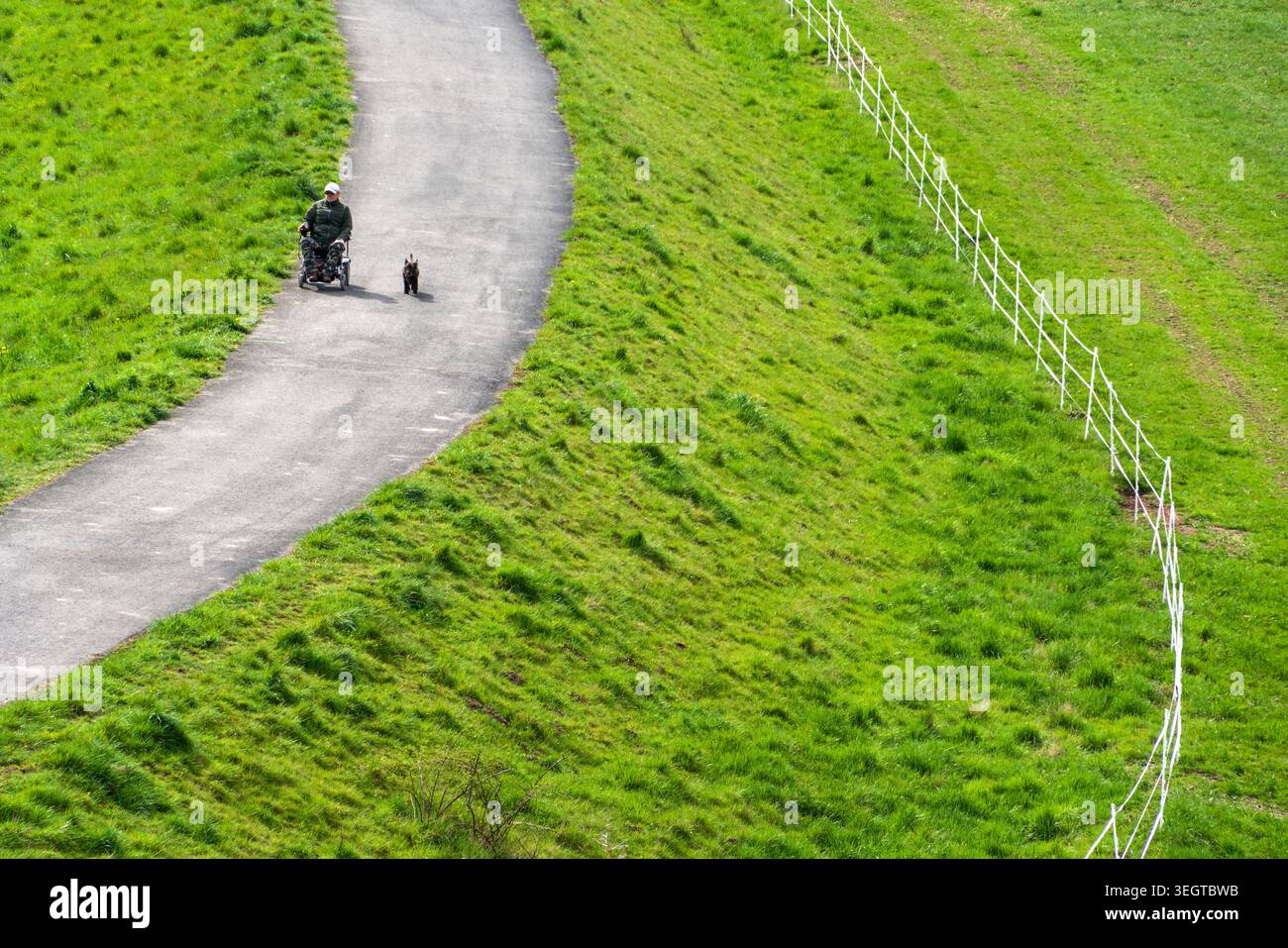 Un homme handicapé promenant son chien d'un fauteuil roulant, Allemagne, Europe Banque D'Images
