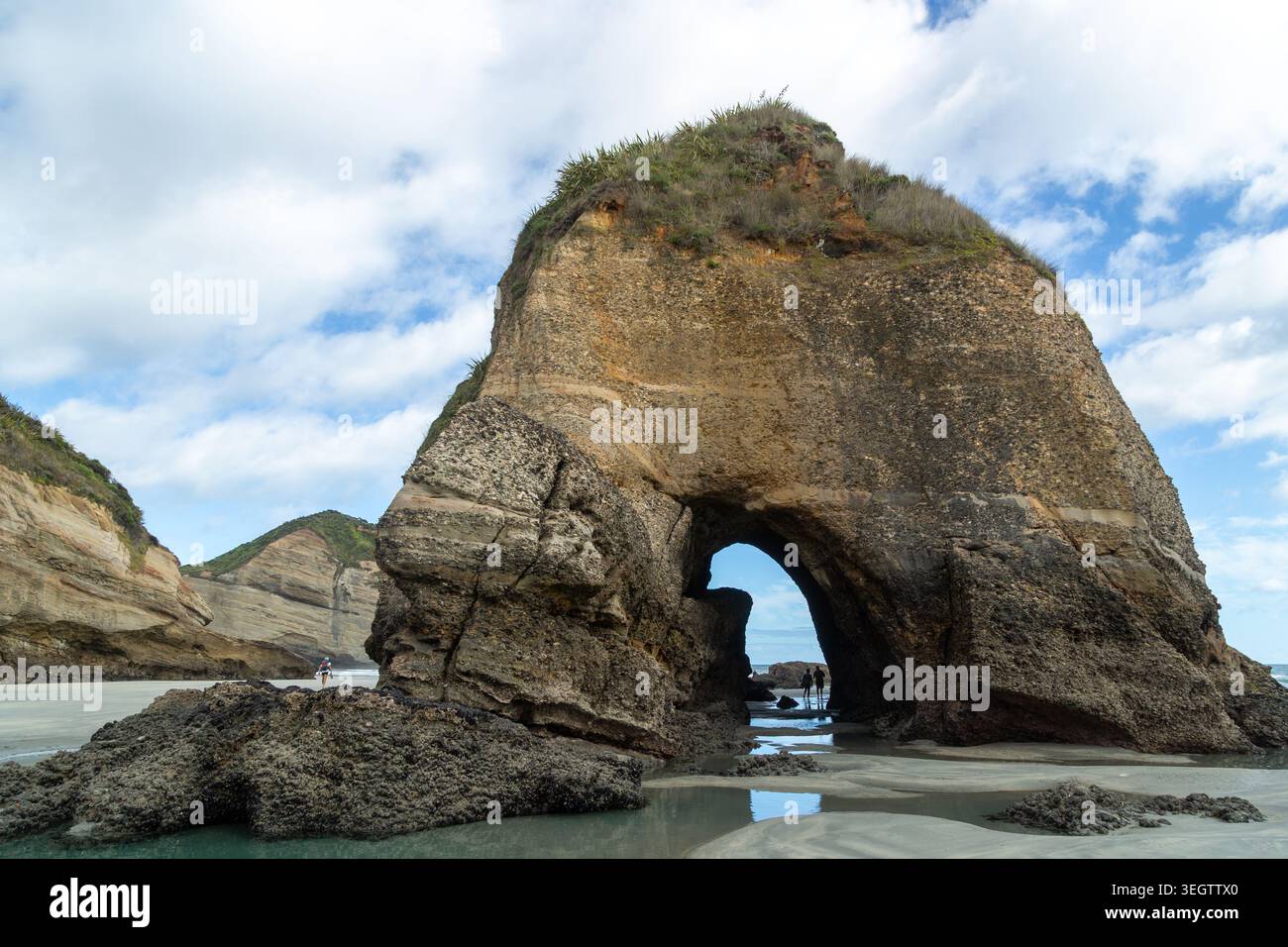 Randonneurs et arche marine naturelle à Wharariki Beach près de Cape Farewell, North West Nelson Region, South Island, Nouvelle-Zélande Banque D'Images