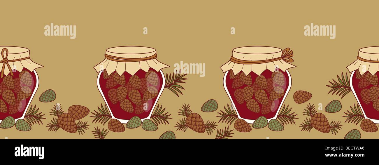 Bordure sans couture avec des pots de confiture de cône de pin sur fond beige. Ruban avec bouteilles en verre maison de sirop Ruby Red Mugolio. Washi horizontal botanique Illustration de Vecteur
