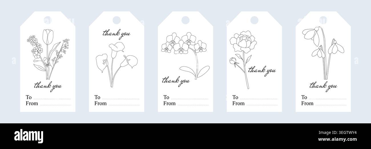 Lot de cinq étiquettes cadeau à angle incliné avec motif floral et texte de remerciement élégant, représentant tulipe, lys calla, orchidée, pivoine, et de la goutte de neige Illustration de Vecteur