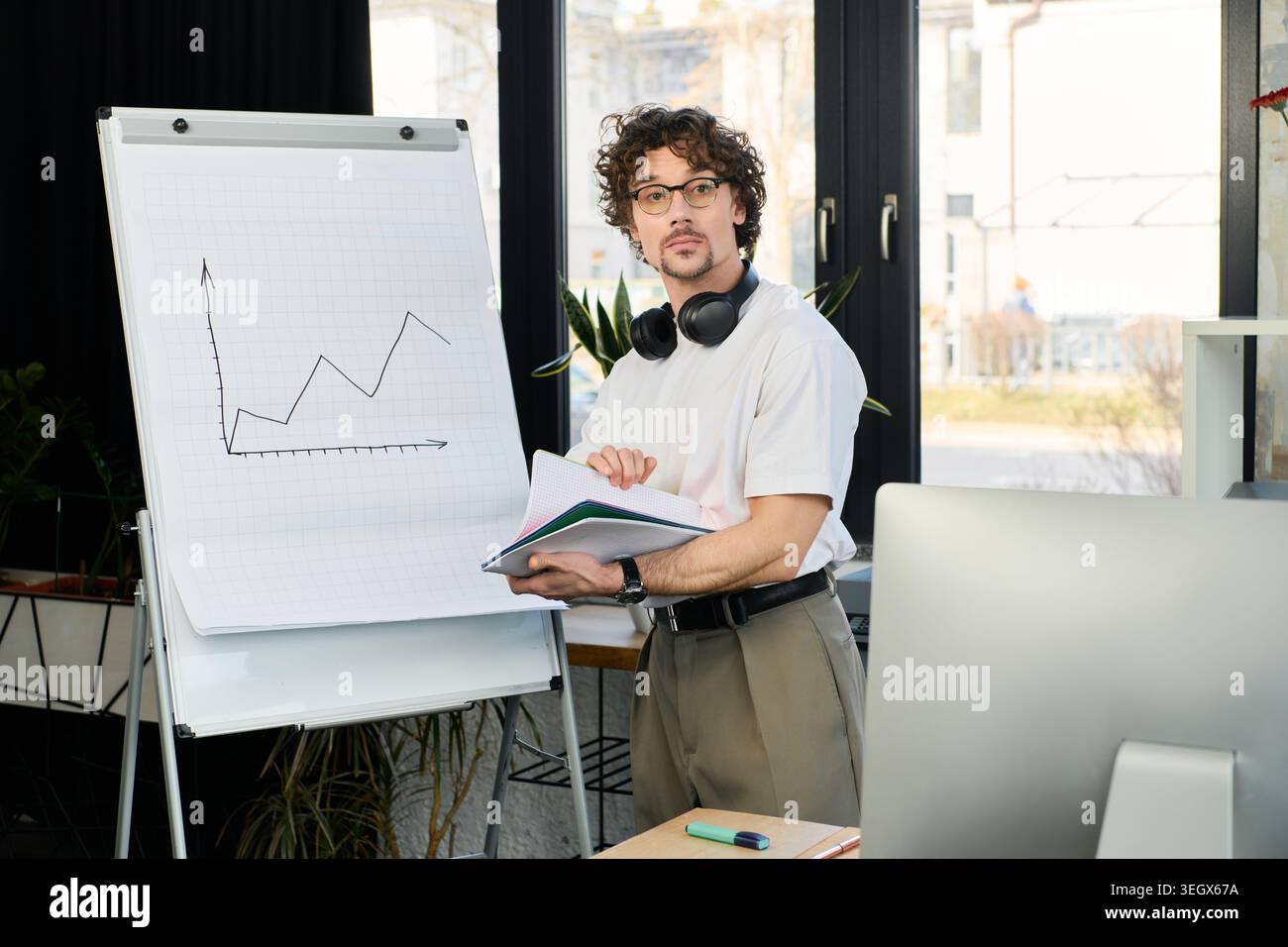 Beau jeune homme s'engage activement avec des collègues tout en présentant un projet dans un bureau lumineux. Banque D'Images