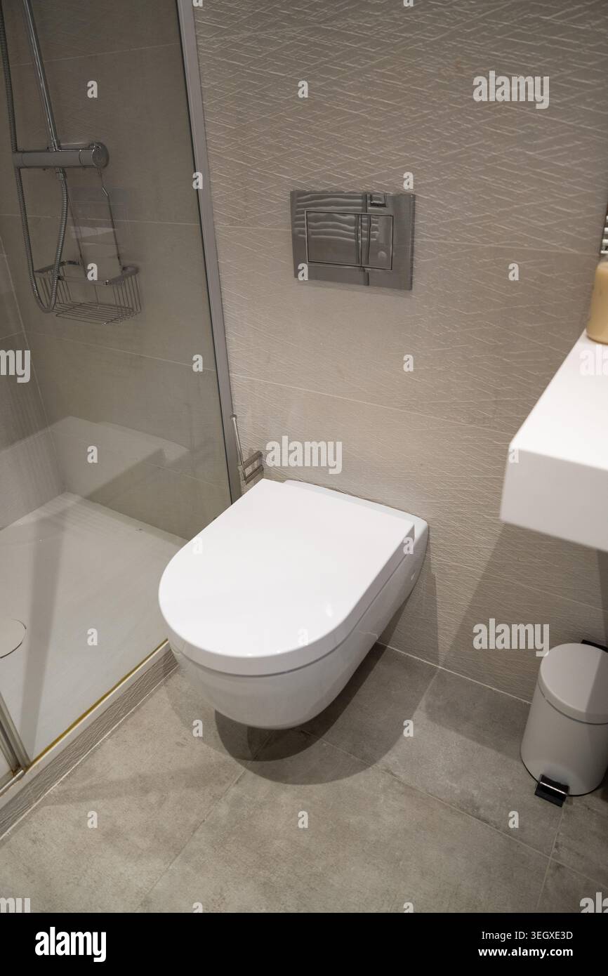 Salle de bains moderne avec toilettes murales blanches, plaque de chasse élégante, carrelage gris et mur texturé, créant un style épuré Banque D'Images