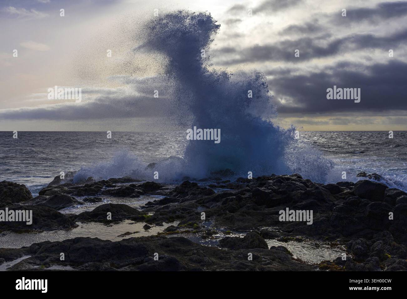 Spectaculaire vague océanique explosant contre des roches volcaniques sur la côte atlantique de Gran Canaria, îles Canaries, Espagne. Banque D'Images