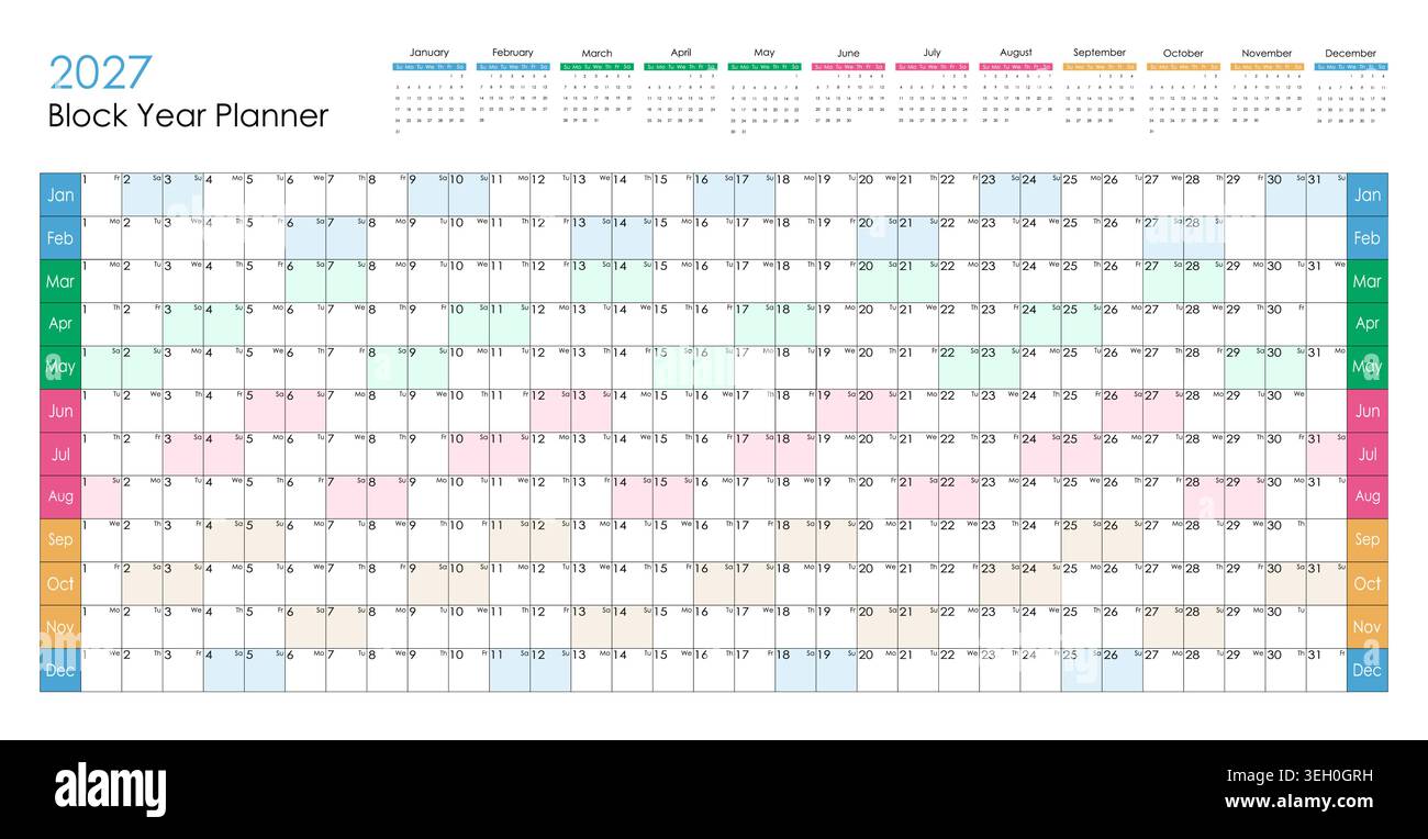 2027 planificateur mural ou calendrier grand bloc coloré. Conception vectorielle. Illustration de Vecteur