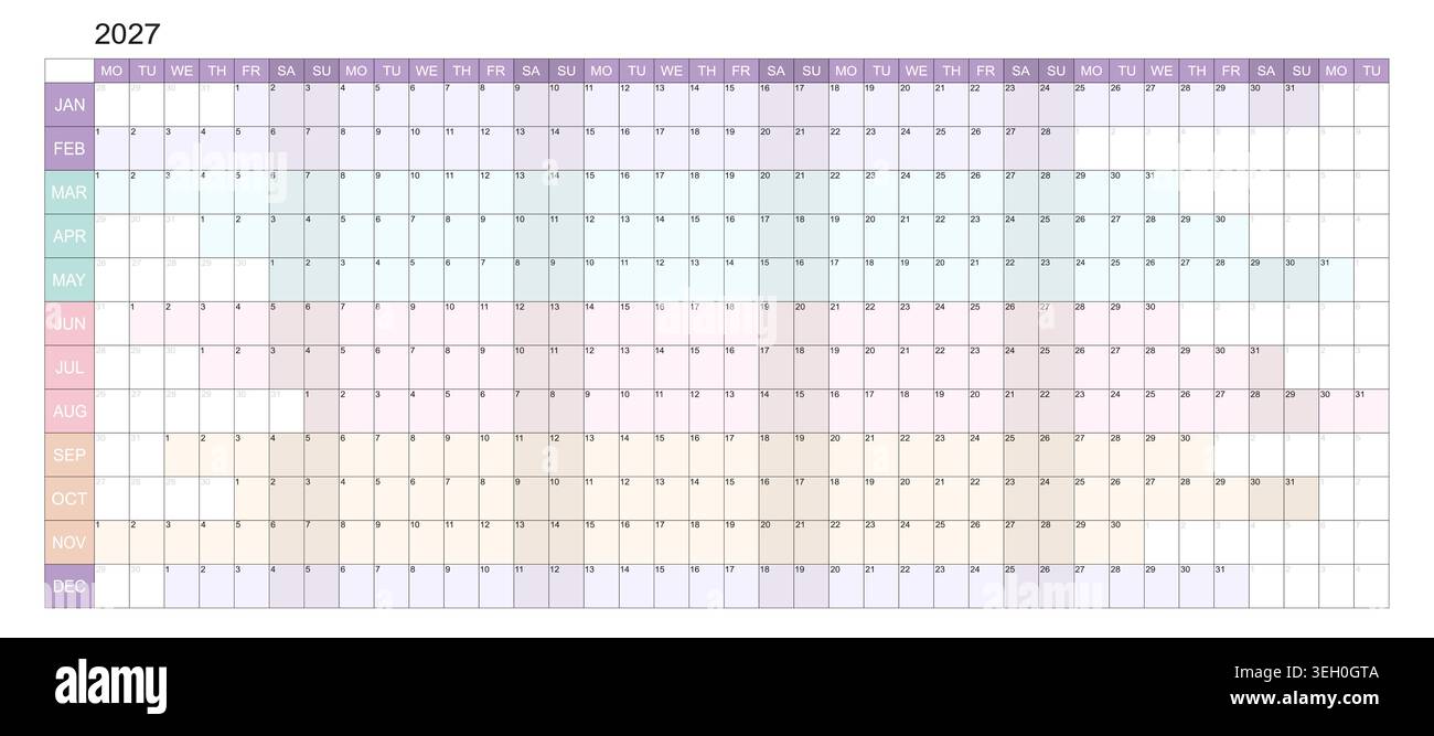 calendrier ou planificateur horizontal coloré de grand mur 2027. Conception vectorielle. Illustration de Vecteur