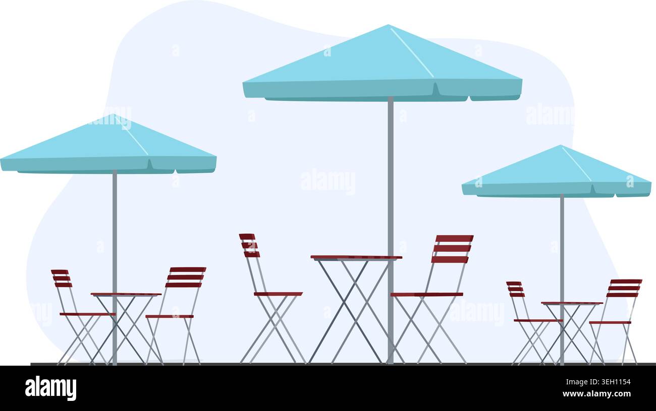 Illustration vectorielle plate d'un patio de café avec des parasols bleu clair et des chaises pliantes en bois sur un fond blanc. Illustration de Vecteur