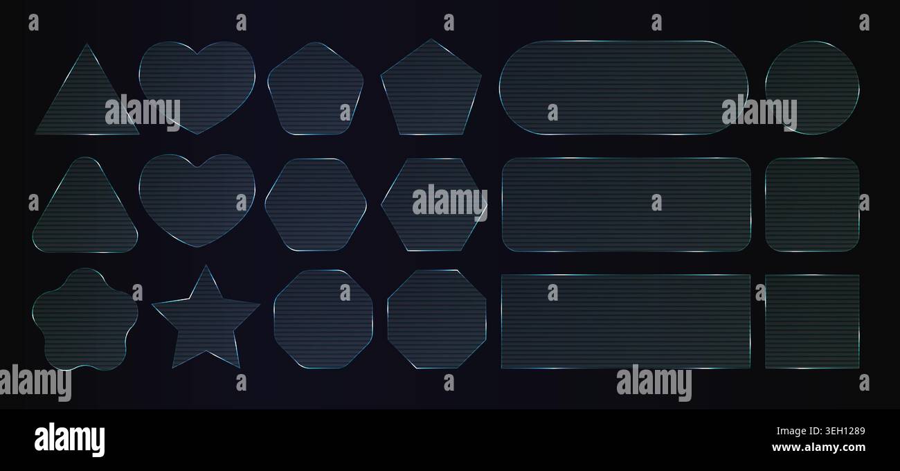 Cadre transparent en verre nervuré, effet de superposition de lumière 3d sur bg foncé. Plaque de texture ondulée en plastique, carré de motif fractal. Bouton rectangle cristal Illustration de Vecteur