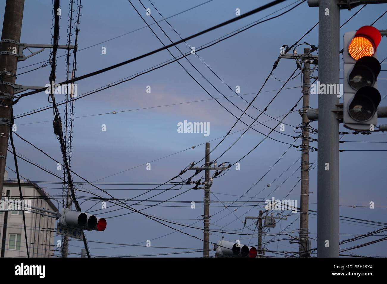 Fils électriques suspendus enchevêtrés et feux de circulation rouges à Twilight, Japon Banque D'Images