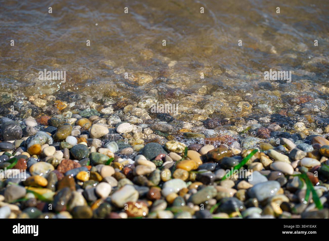 Gros plan de l'eau claire lavant doucement sur des galets colorés sur le rivage ensoleillé, fond de texture naturelle avec des pierres et des vagues, concept de voyage d'été. Banque D'Images
