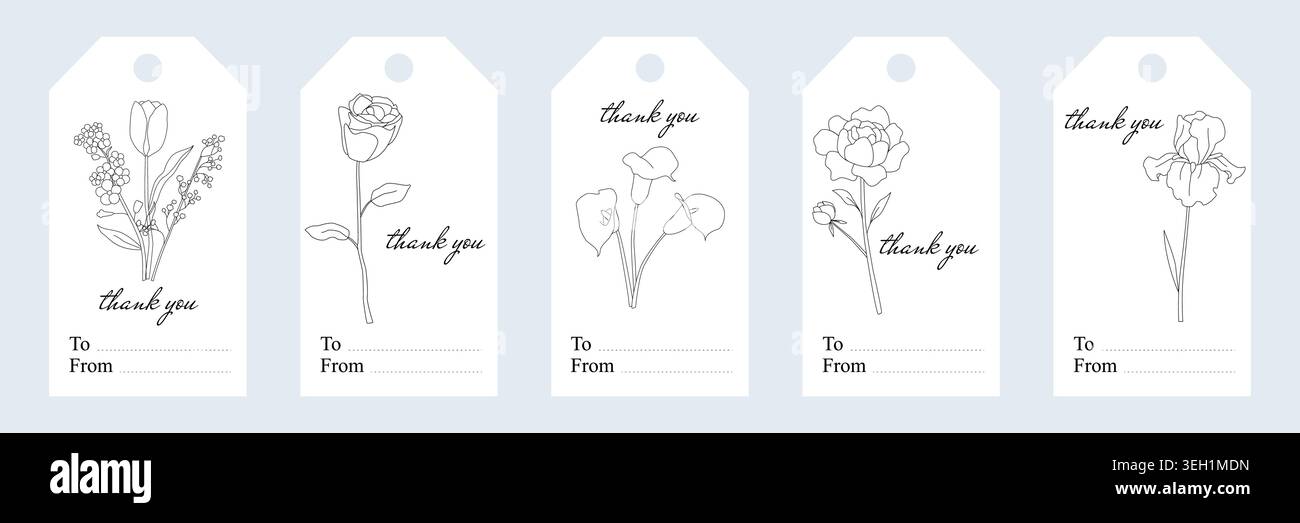 Lot de cinq étiquettes cadeau rectangulaires avec motif floral et texte de remerciement élégant, tulipe, rose, lys calla, pivoine, et iris Illustration de Vecteur