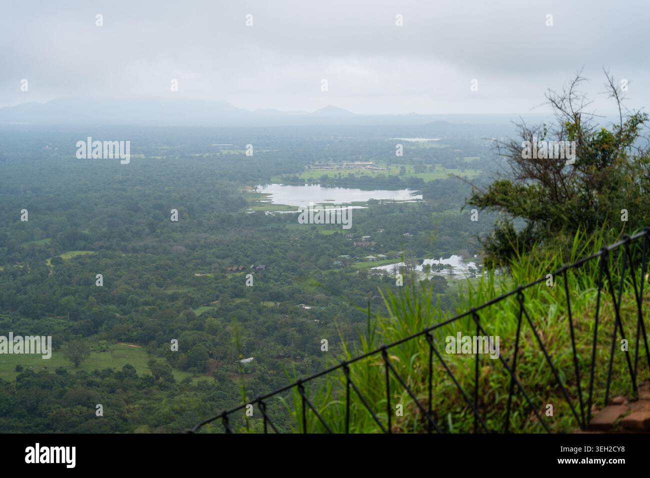 Vue sur le paysage verdoyant de la jungle et un lac calme vu d'un point de vue élevé avec des montagnes brumeuses sous un ciel couvert Sigiriya, Pr central Banque D'Images