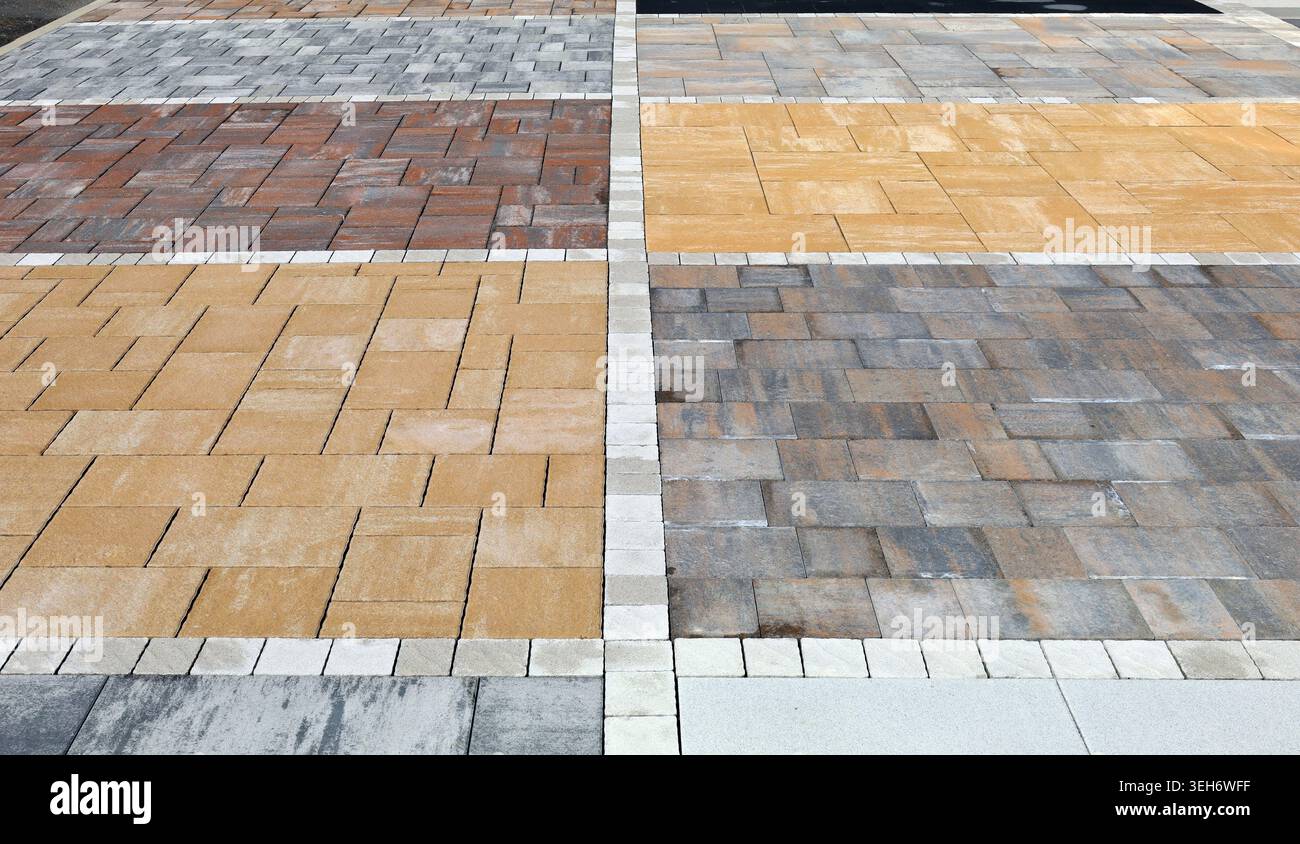Échantillons ensemble de carreaux de béton pour l'extérieur et les trottoirs avec différentes couleurs et formes. Fond et texture. Banque D'Images