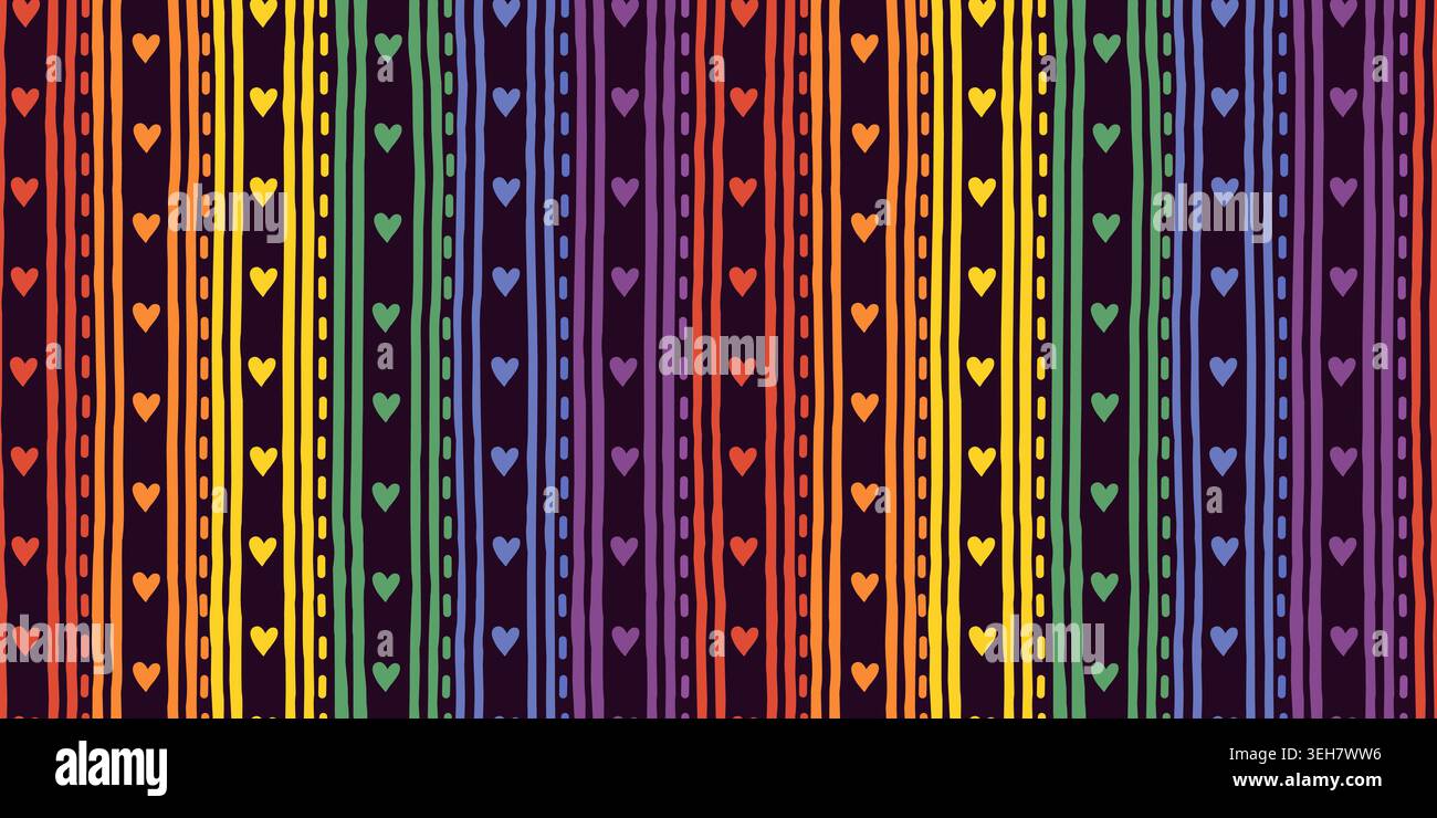 Motif sans couture de vecteur de rayures arc-en-ciel et de coeurs, conception de rayures verticales colorées LGBT Pride Month sur fond sombre Illustration de Vecteur
