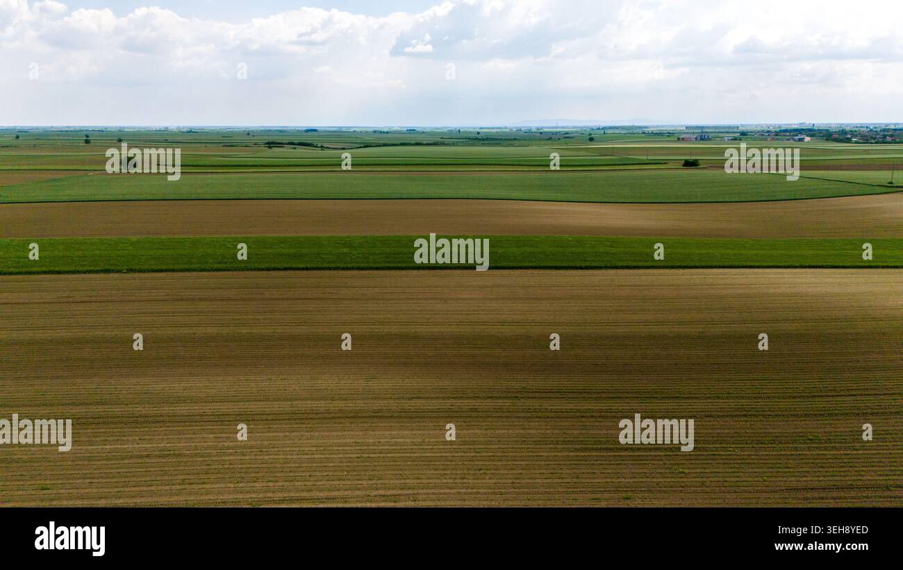 Vue aérienne de vastes champs agricoles et de terres cultivées sous un ciel nuageux près de Novi Sad, Voïvodine, Serbie. Banque D'Images