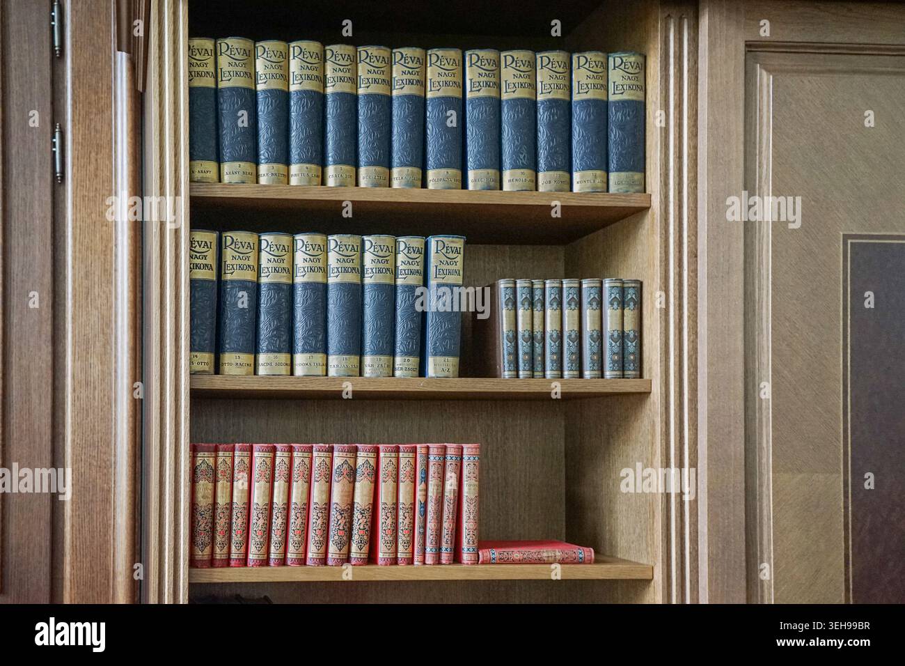 Volumes vintage du Grand Lexique de Révai exposés sur une étagère à l’intérieur du complexe gouvernemental du monastère des Carmélites de Budapest. Banque D'Images
