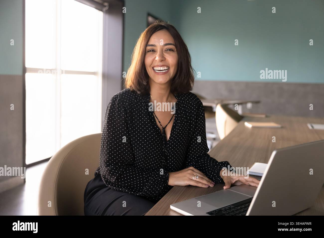 Portrait de femme d'affaires riante travaillant sur ordinateur portable dans le bureau Banque D'Images