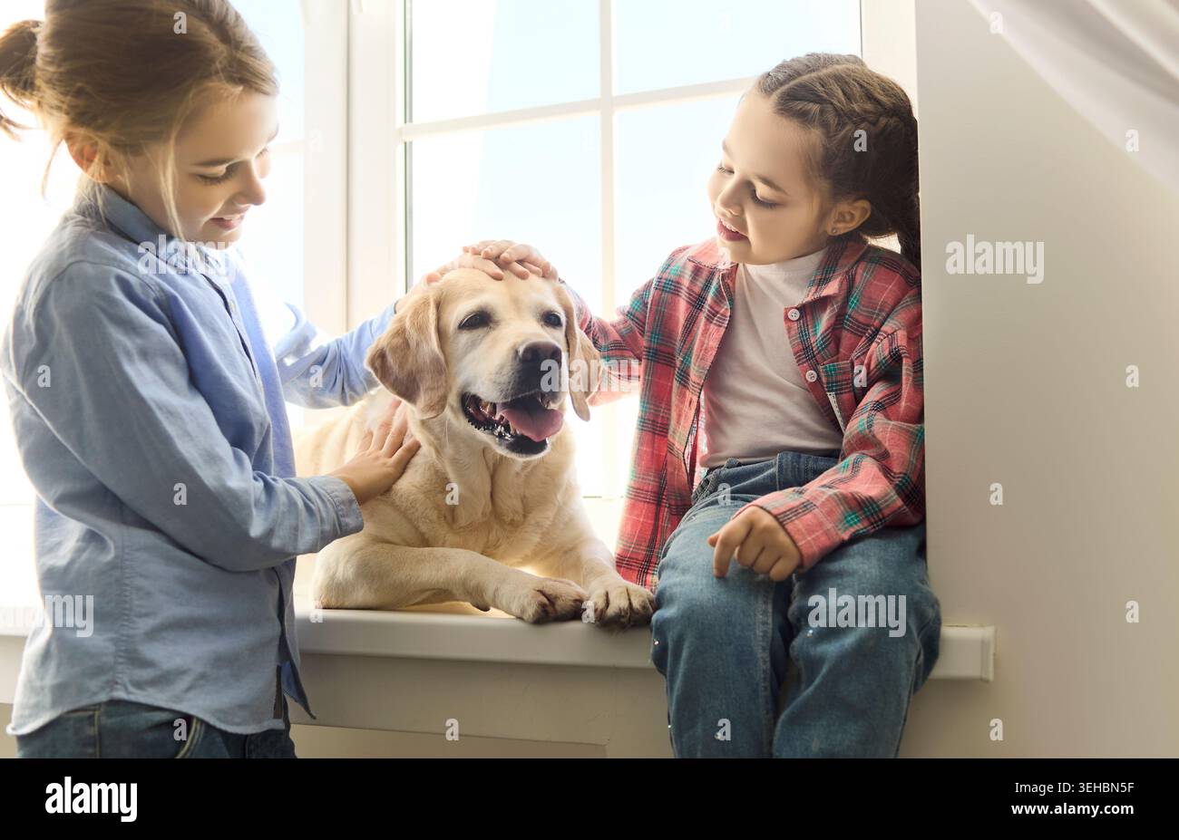 Enfants heureux se liant avec labrador retriever à la maison, frères et sœurs qui caressent le chien Banque D'Images