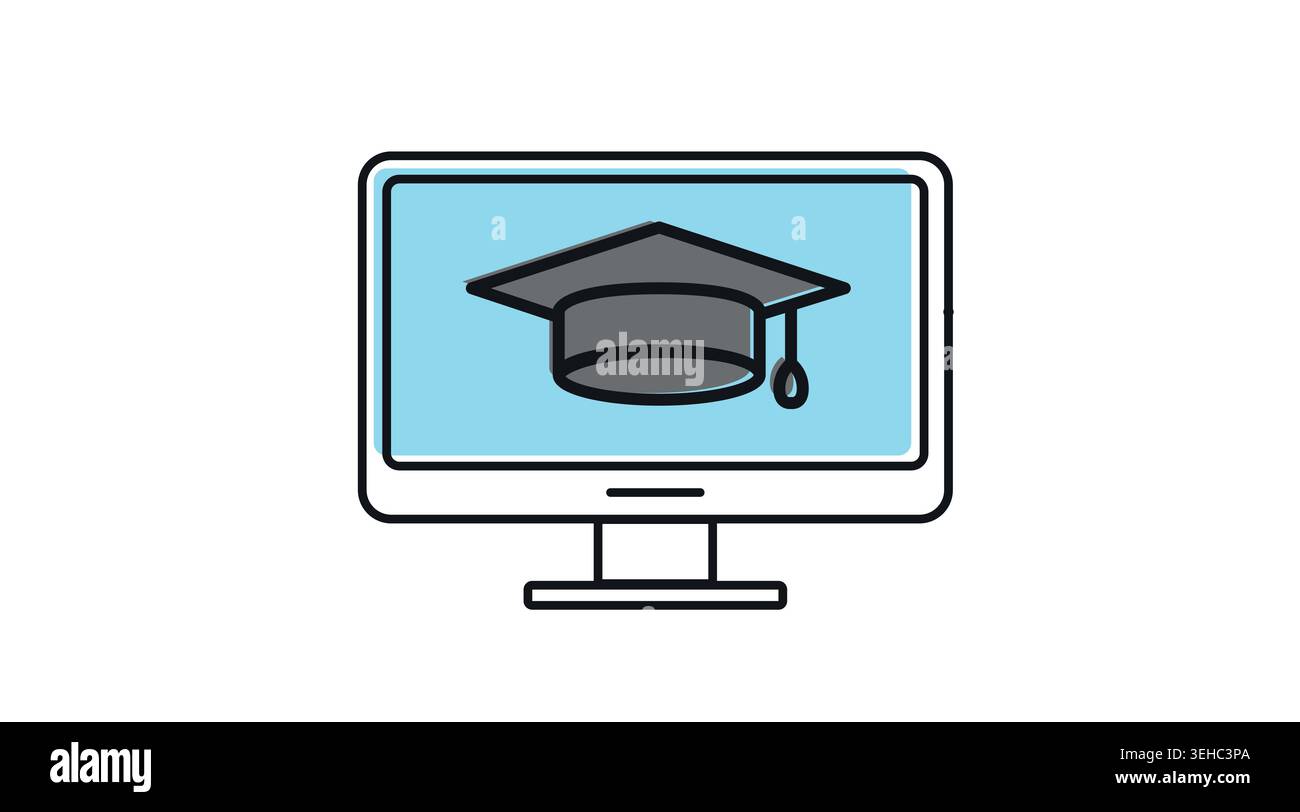 Ordinateur de bureau avec icône de chapeau de graduation : station de travail PC affichant le symbole e-learning et l'université en ligne, dessin de ligne noire moderne avec couleur offset Illustration de Vecteur