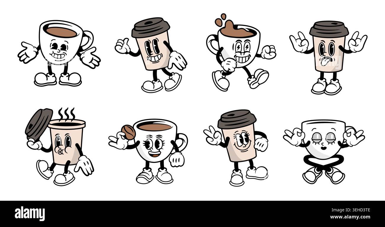 Jeu de personnages de tasse de café de dessin animé Illustration de Vecteur