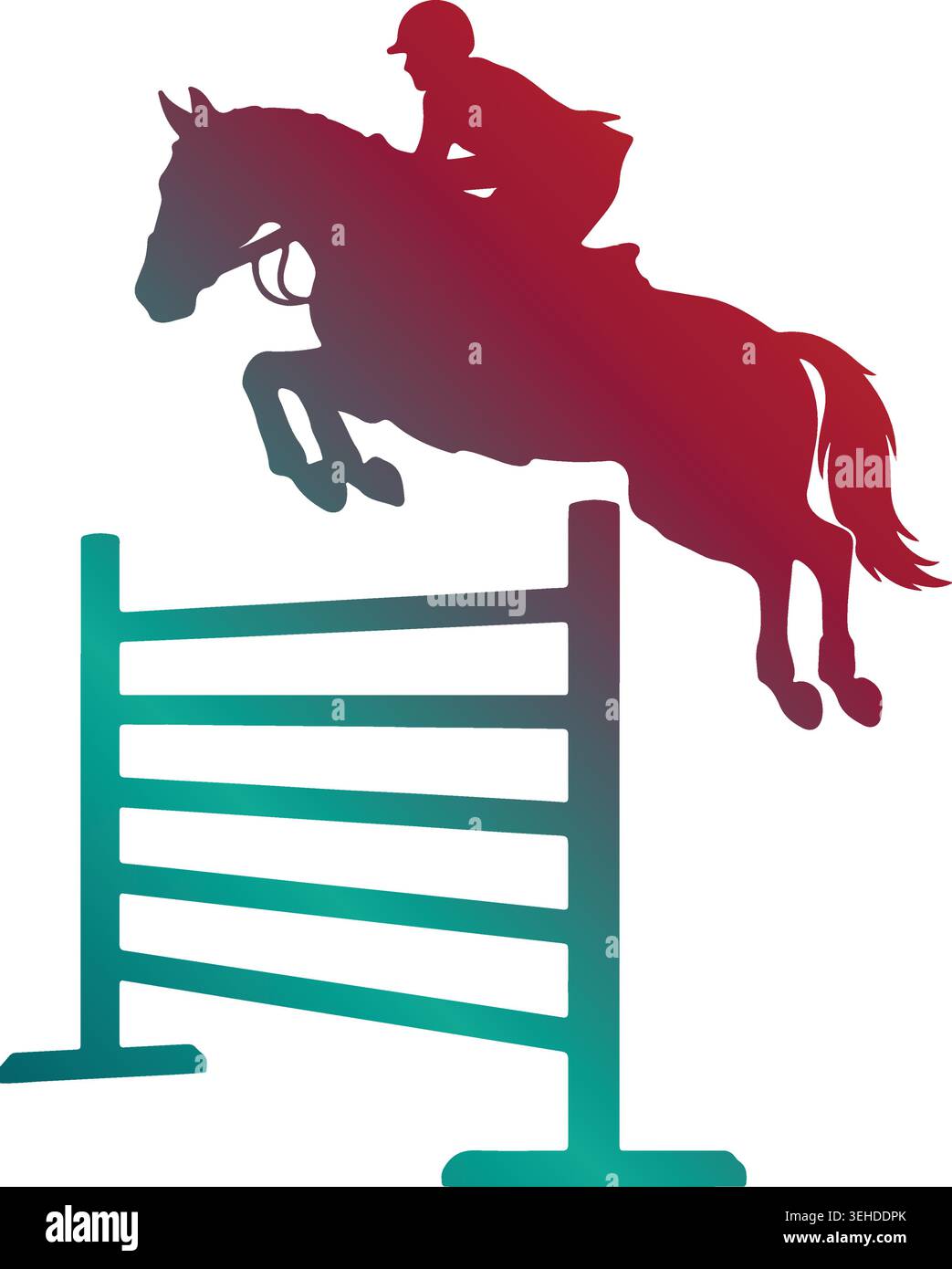 Silhouette dynamique de cheval et de cavalier sautant au-dessus d'une haie d'obstacle, avec un dégradé de couleurs vives rouge à sarcelle sur fond blanc Illustration de Vecteur