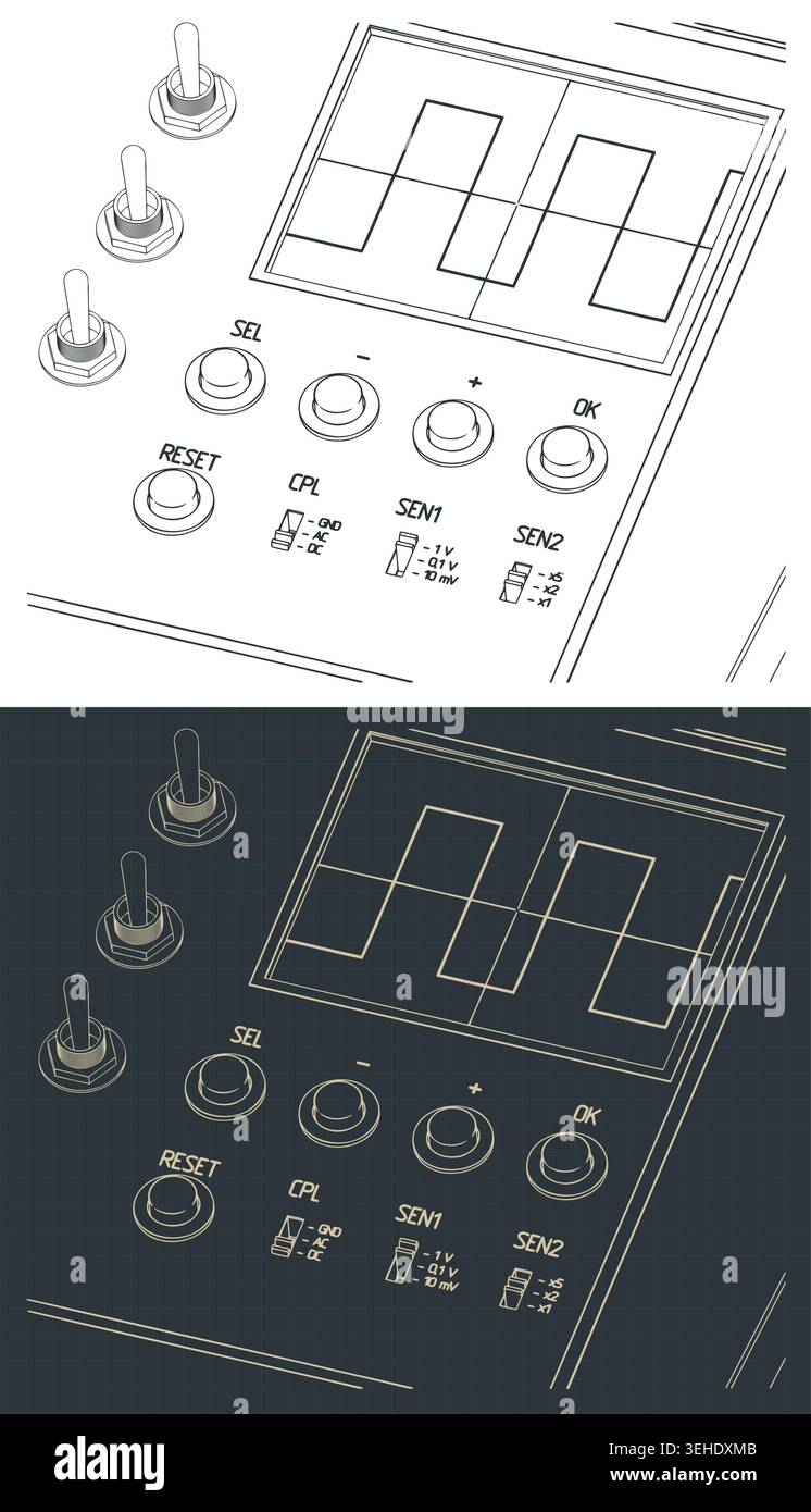 Schémas techniques isométriques d'une interface d'oscilloscope : écran avec interrupteurs et boutons, gros plan. Instruments de mesure de laboratoire, stylisés ve Illustration de Vecteur