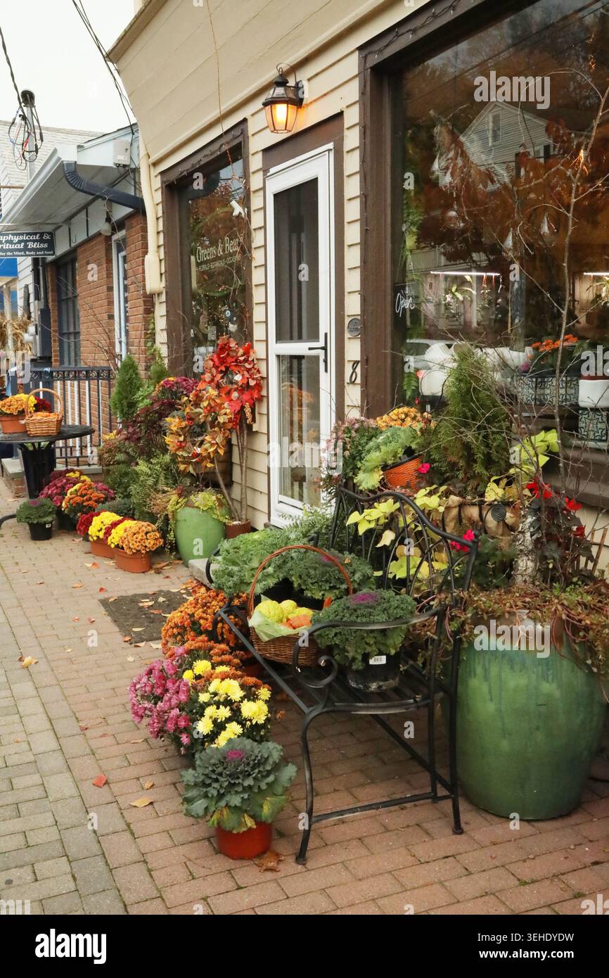 Le magasin Clinton New Jersey décoré de plantes d'automne, de fleurs, de paniers et de grandes jardinières le long du trottoir. Banque D'Images