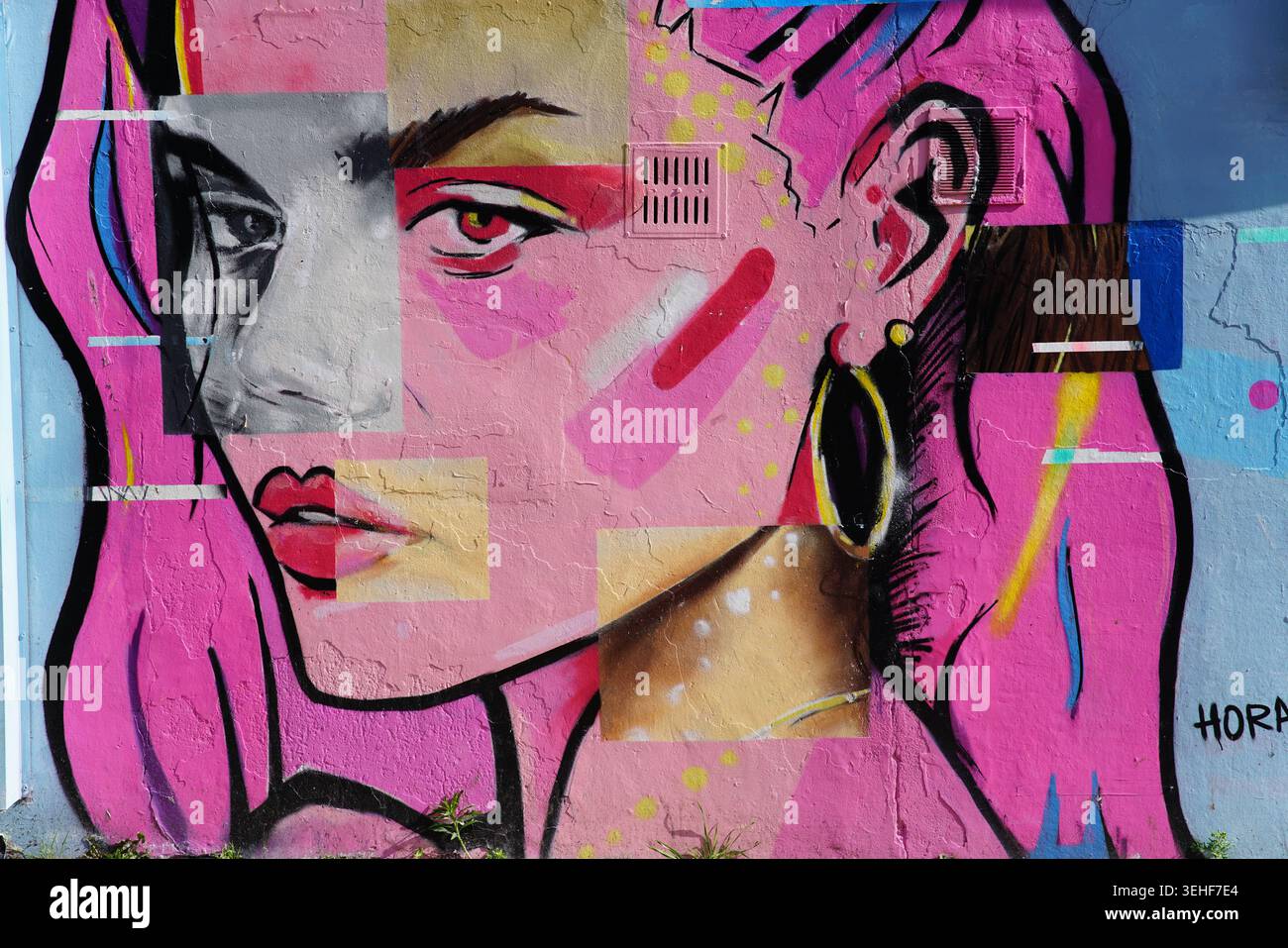 Peinture murale colorée représentant une femme aux cheveux roses sur un mur à Brighton, en Angleterre. Banque D'Images