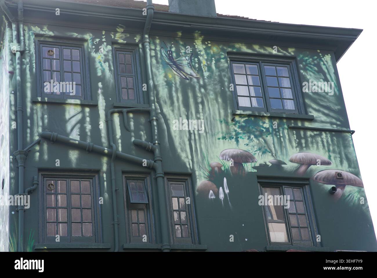 Créature fantaisiste fantaisiste ressemblant à un gobelin assis sur des marches de pierre entourée de champignons géants à taches rouges dans une rue magique et verdoyante de la forêt Brighton Banque D'Images