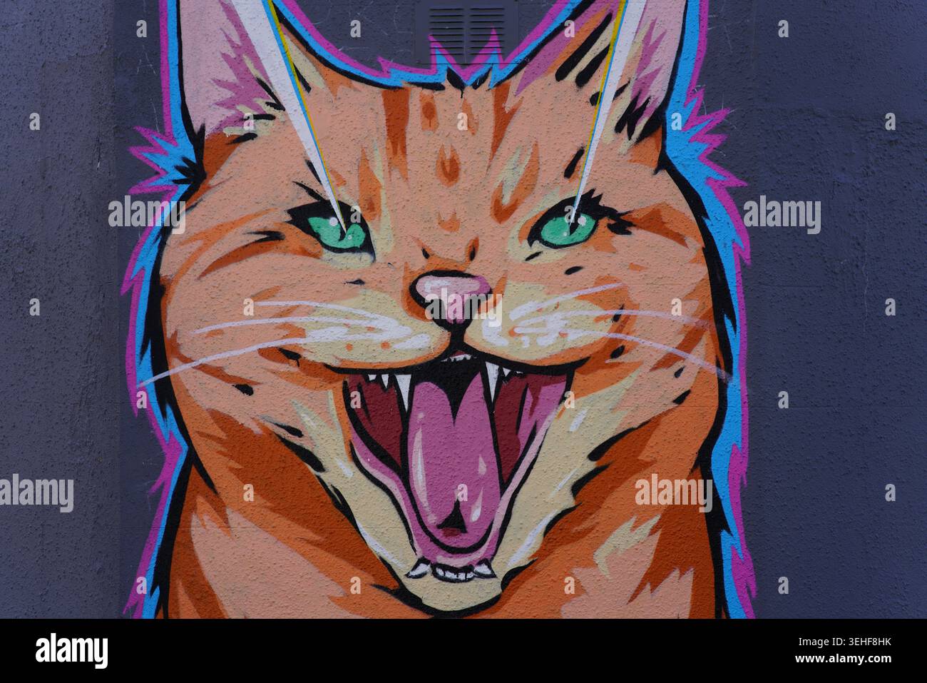 Chat orange éclatant avec des yeux vert vif et une bouche criante grande ouverte par l'artiste de rue Lam.sprite murale graffiti coloré audacieux à Brighton, en Angleterre Banque D'Images
