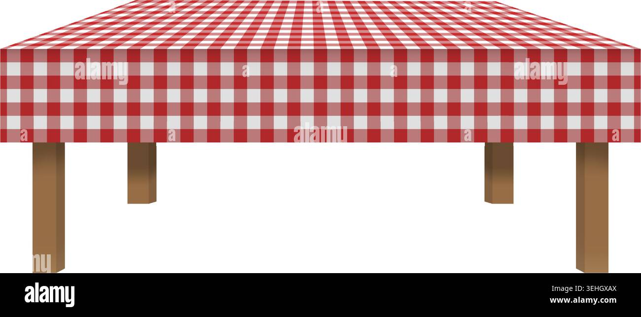 Table de café ou de cuisine vide avec plateau vichy rouge et blanc en perspective. Élément de mobilier pour restaurant pizzeria italienne. Pique-nique, petit déjeuner de rue ou concept de dîner. Illustration vectorielle. Illustration de Vecteur