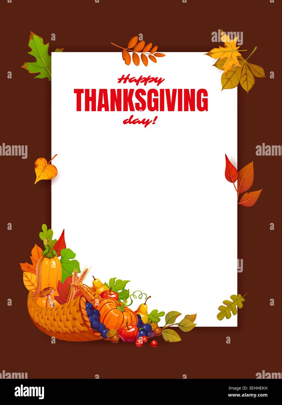 Récolte d'automne et Cornucopia à Happy Thanksgiving carte de voeux. Carte de voeux de vecteur de célébration d'octobre, affiche de Thanksgiving avec des légumes, des baies et des fruits en corne d'abondance, des feuilles qui tombent Illustration de Vecteur
