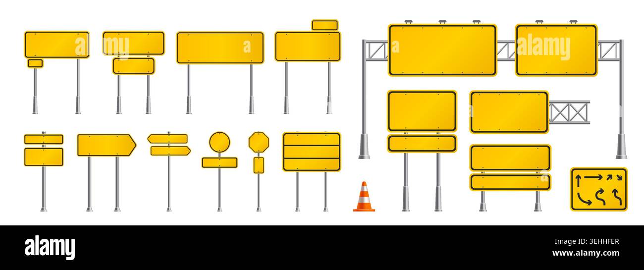 Panneaux jaunes de signalisation routière et panneaux routiers sur poteaux métalliques. Panneaux de signalisation jaunes des panneaux de signalisation et des flèches de direction, panneaux d'information routière ou signalisation de navigation Illustration de Vecteur