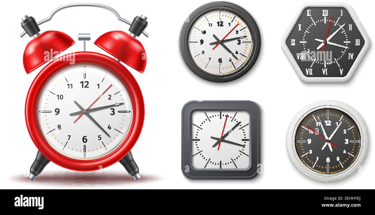 Horloges murales réalistes avec alarmes. Montre 3D avec cadrans de différentes formes. Cadres carrés, ronds et polygonaux de pièces d'horlogerie de bureau. Heure Illustration de Vecteur