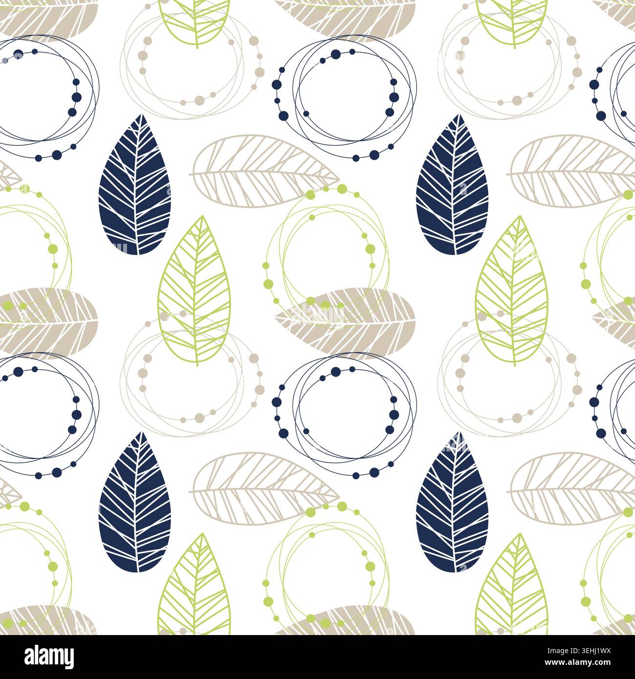 motif vectoriel avec des feuilles abstraites et des cercles géométriques en bleu marine, vert citron et beige pour le design textile moderne et le papier peint de décoration intérieure Illustration de Vecteur