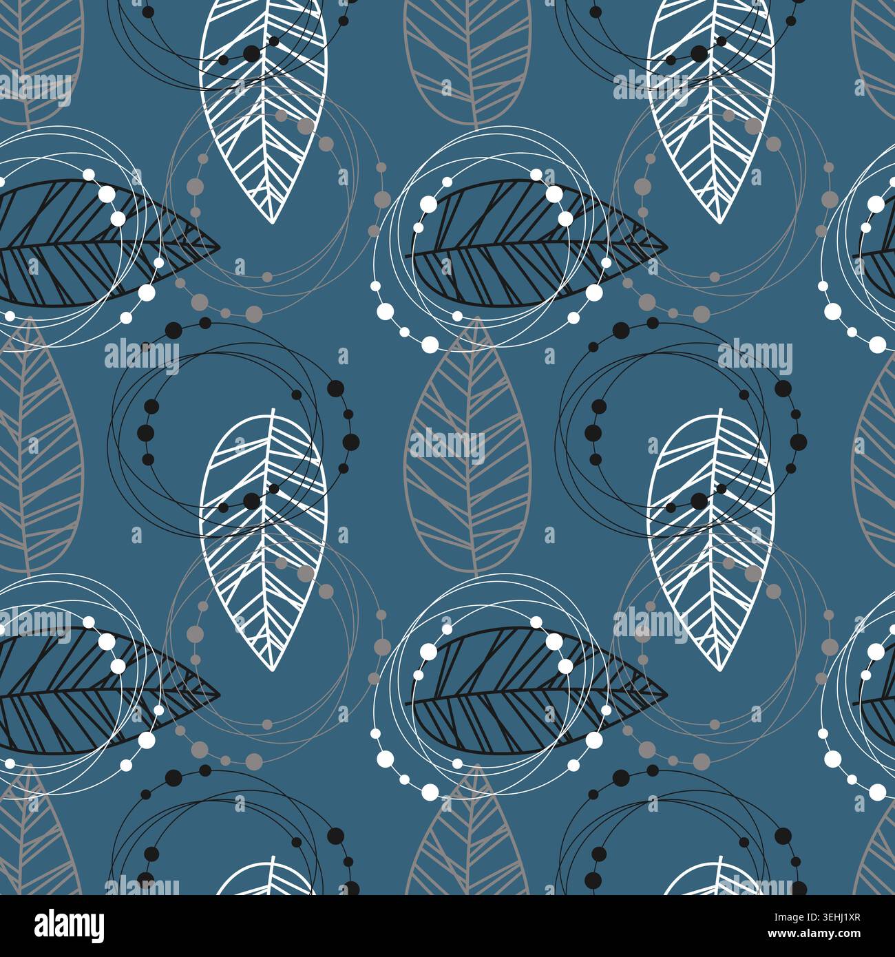 Modèle vectoriel sans couture avec des feuilles linéaires et des cercles filaires géométriques en bleu indigo, blanc et gris foncé pour la conception textile masculine, de Illustration de Vecteur