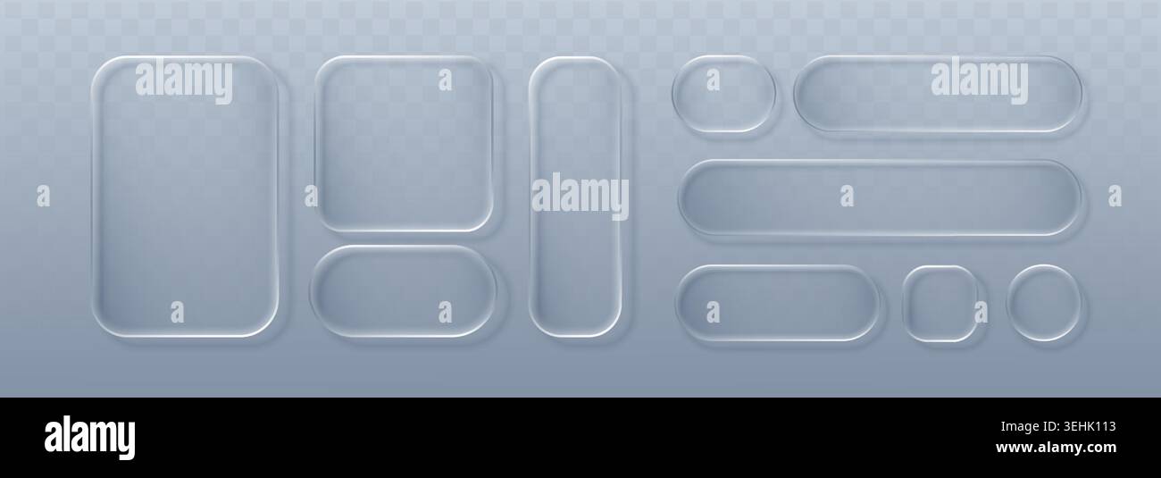 Set verre transparent discours avec boîte à bulles 3d pour le liquide de bouton rectangle. Infographie de forme d'interface utilisateur avec Glass ux Talk pour la notification de dialogue texte Illustration de Vecteur