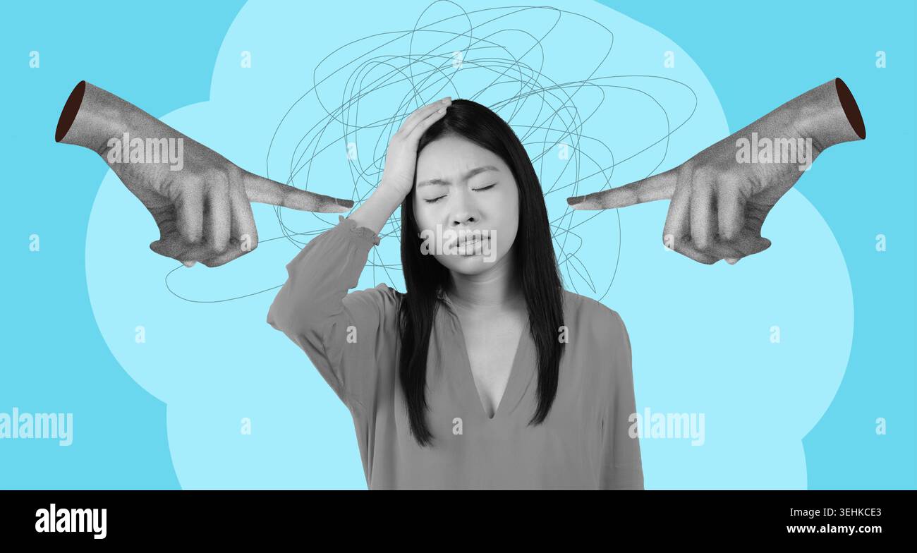 Collage montrant une femme avec les mains pointées vers elle, exprimant la confusion ou la détresse sur les pensées Banque D'Images