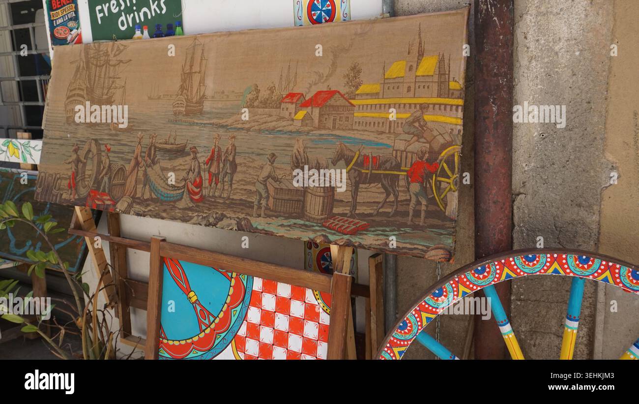 Peinture artisanale inspirée par l'atmosphère historique de Corleone, Sicile. Banque D'Images