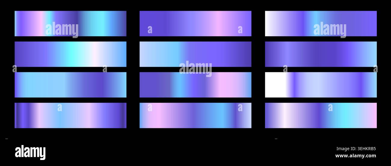 Un ensemble de gradients holographiques lumineux. Collection vectorielle de dégradés violets, roses et bleus pour bouton chromé, ruban, cadre métallique, bordure, étiquette Illustration de Vecteur
